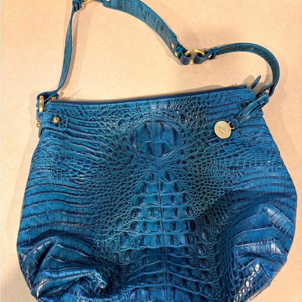 Brahmin Teal Croc-Embossed Leather Shoulder Bag